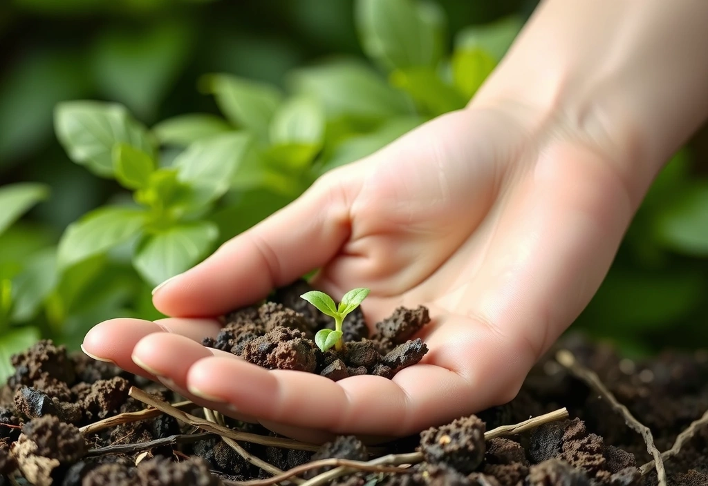 A hand gently holding a sprouting plant, symbolizing natural growth and care.