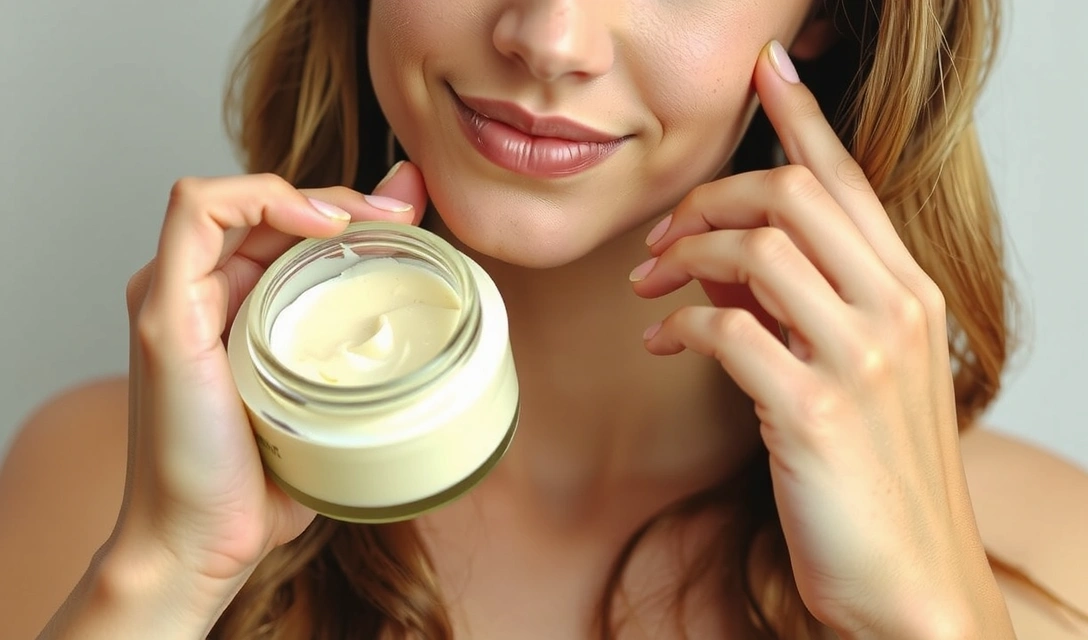 A person applying a face cream, symbolizing skincare routine.