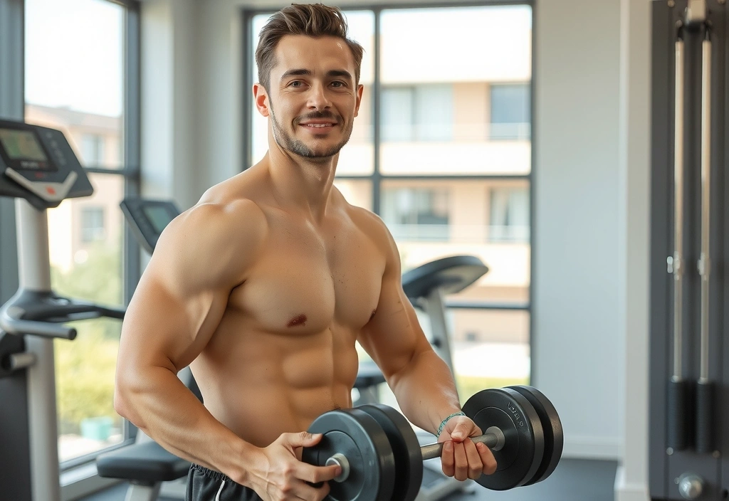 Athletic man in a gym, healthy and strong, representing men's supplements.