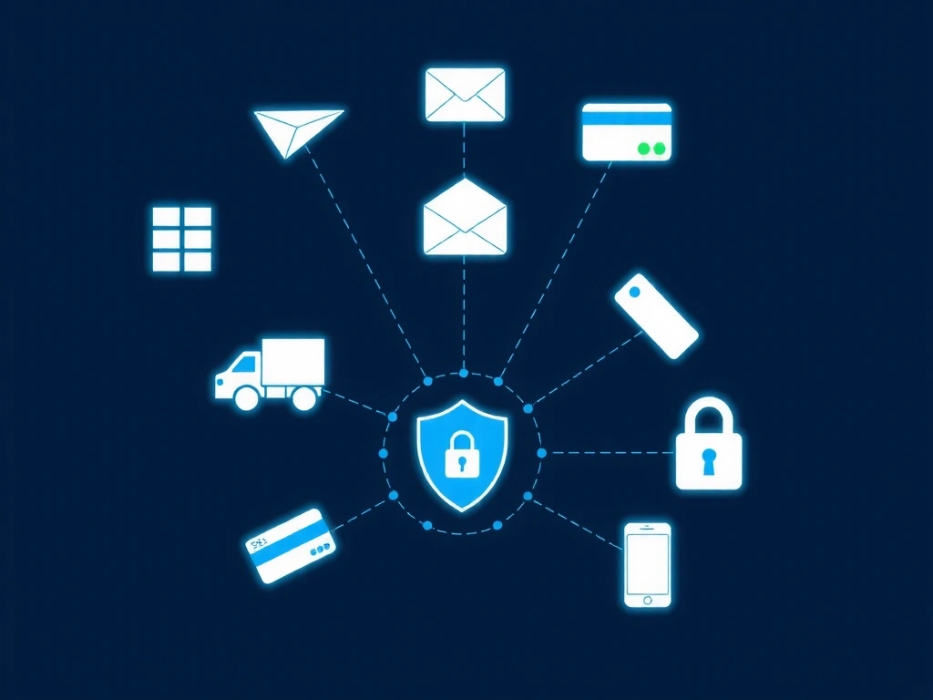 Illustration of data being securely shared between different entities, represented by interconnected abstract icons, with a focus on protection and privacy.