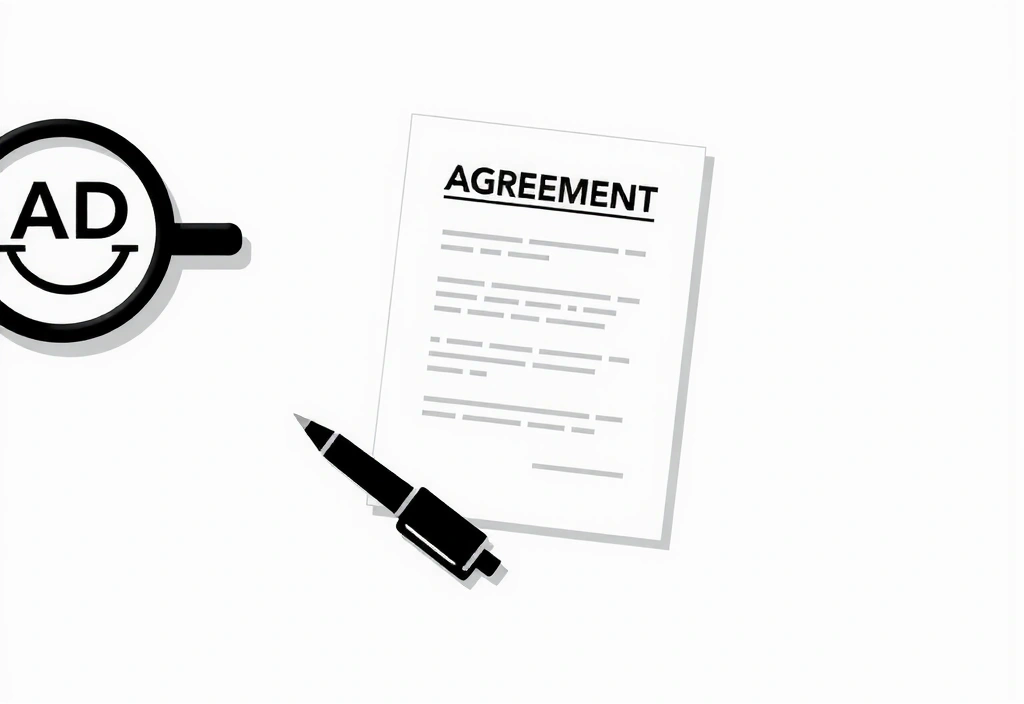 Illustration of legal documents and a pen, symbolizing terms and conditions