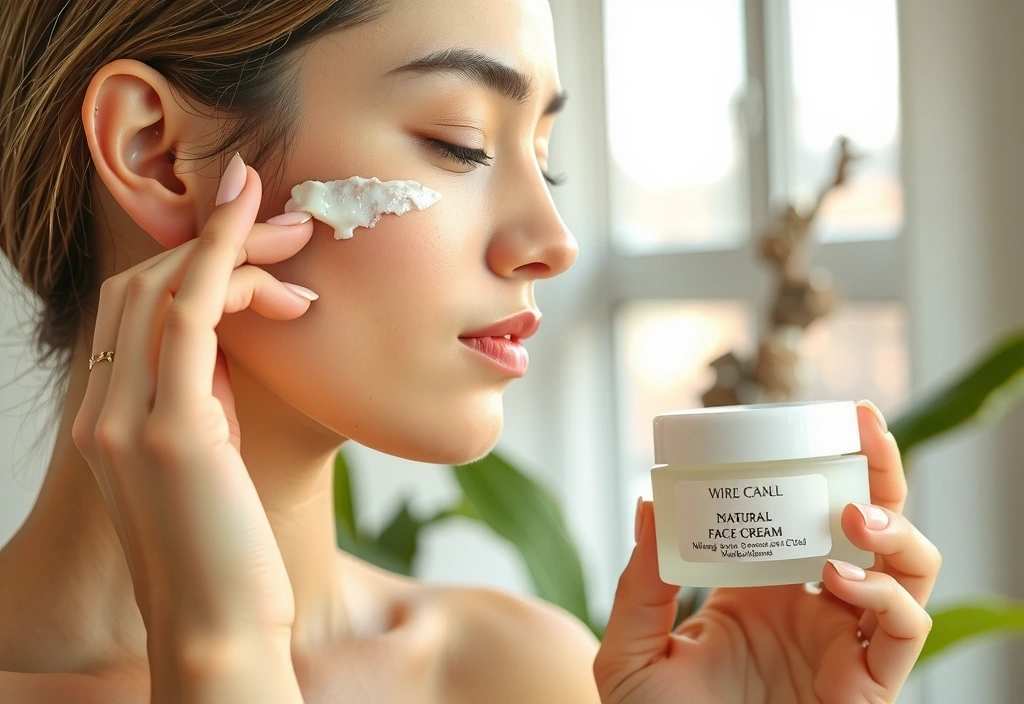 Woman applying natural face cream with a glow